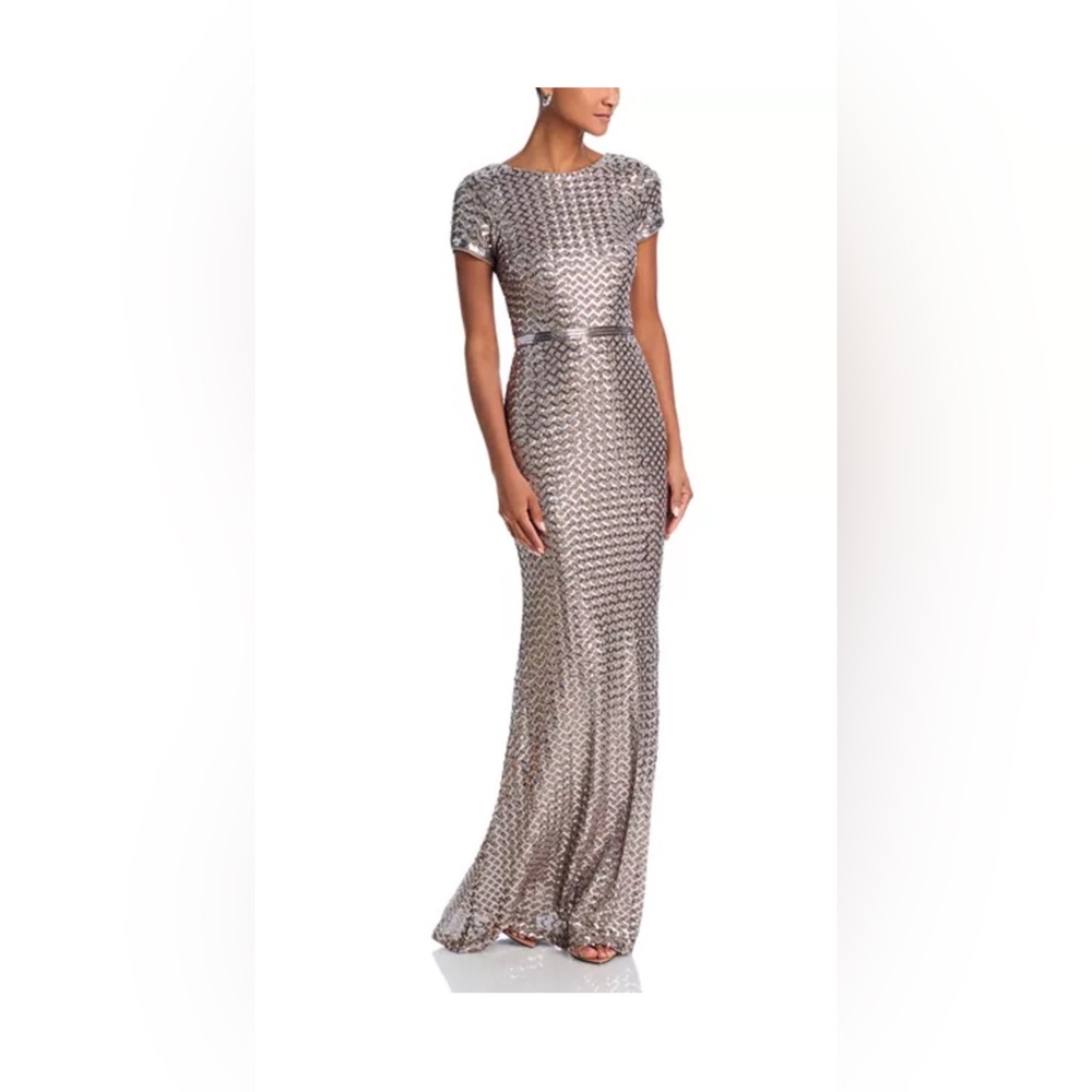 Aqua Shimmering Silver Evening Maxi Dress
